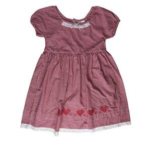 Vintage Kids Buster Brown Red Gingham Girls Dress W/ Heart Buttons Lace Hem Size